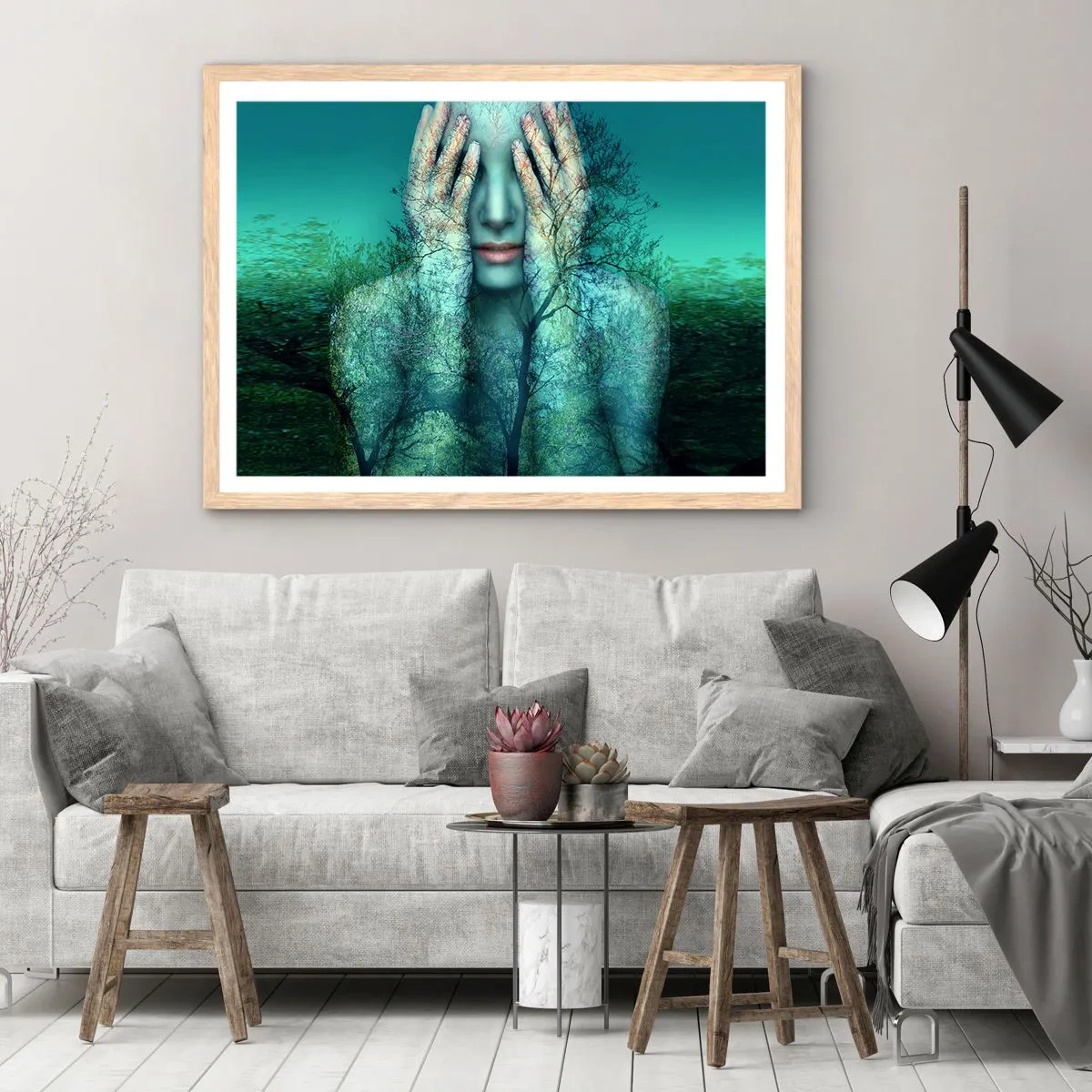 Plakat i ramme af lyst egetræ - Nedsænket i blåt - 100x70 cm