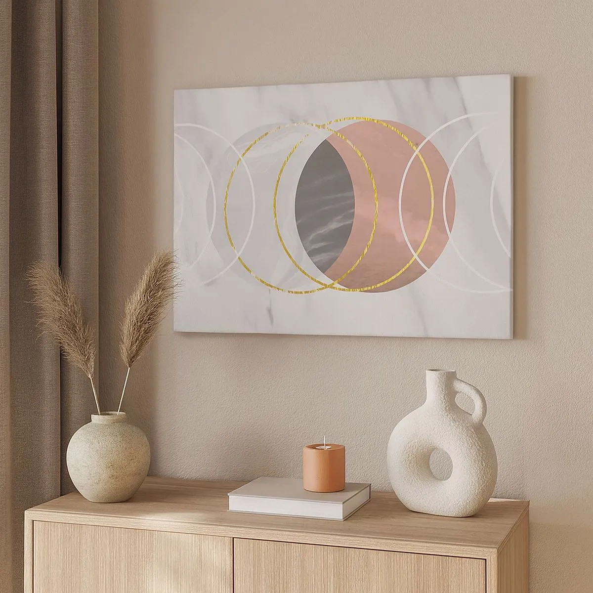 Lærredstryk - Billede på lærred - Abstrakt geometrisk komposition med cirkler og metalliske detaljer - 70x50cm - Sfærernes musik - Moderne vægdekoration til stue og soveværelse ARTTOR