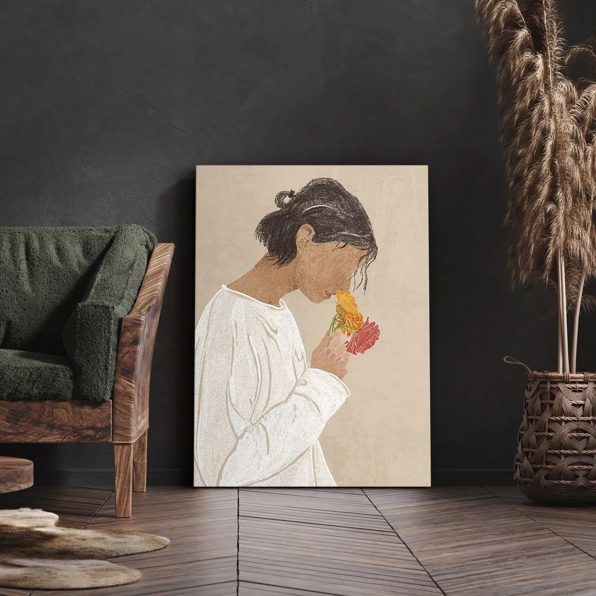 Lærredstryk - Billede på lærred - Pige og blomster - 65x120 cm