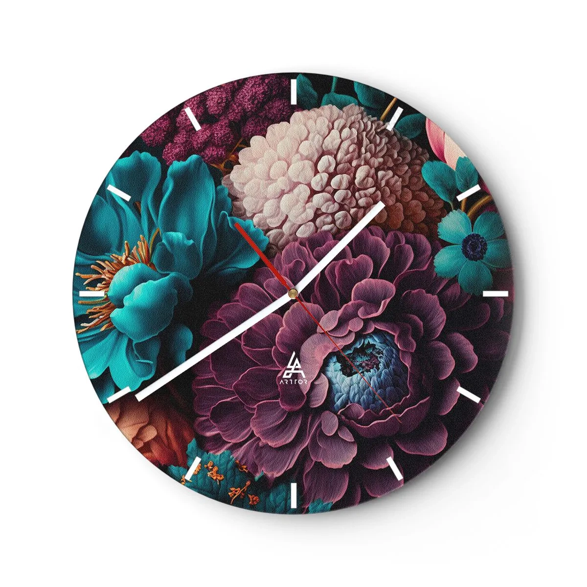 Vægur, Uret - En rig buket af mørke og turkise blomster med detaljer - 30x30cm - Natur i overflod - Moderne vægdekoration til stue, køkken og soveværelse ARTTOR