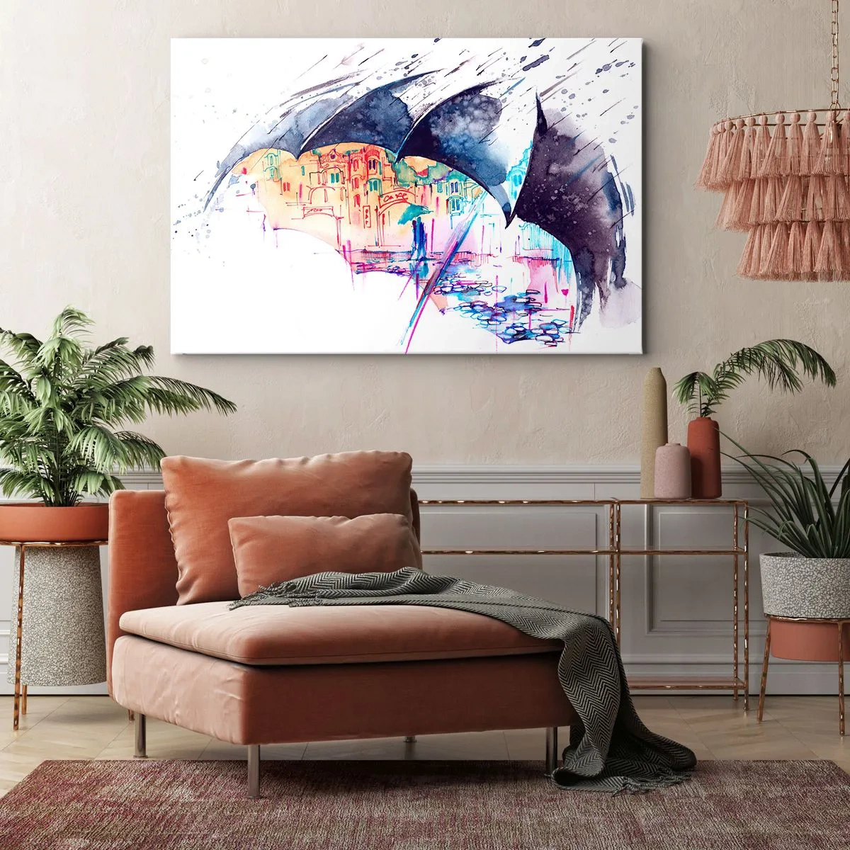 Lærredstryk - Billede på lærred - En farverig by skjult under abstrakte paraplyer - 70x50cm - Gåtur i regnvejr - Moderne vægdekoration til stue og soveværelse ARTTOR