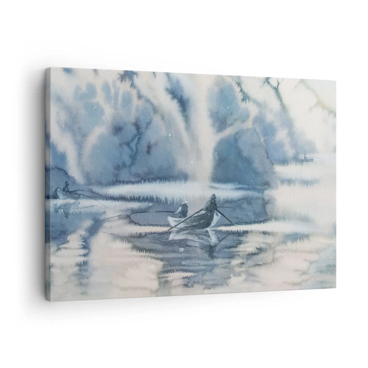 Lærredstryk - Billede på lærred - Akvarellandskab med både på en sø omgivet af en tåget skov - 70x50cm - Lystfiskere i deres paradis - Moderne vægdekoration til stue og soveværelse ARTTOR