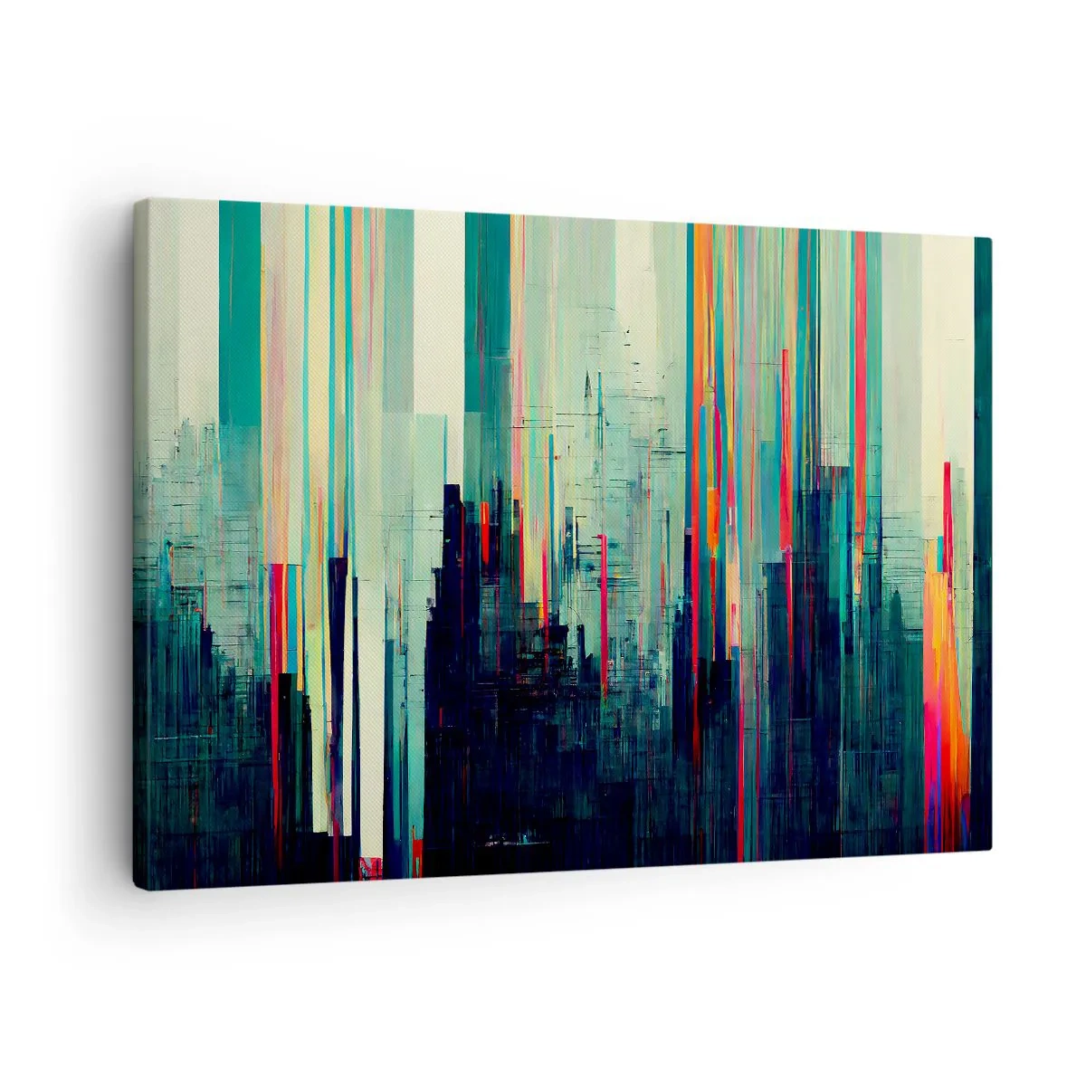 Lærredstryk - Billede på lærred - Abstraktion med lodrette linjer og en byskyline - 70x50cm - Futuristisk by - Moderne vægdekoration til stue og soveværelse ARTTOR