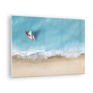 Billede på glas - En sejlbåd på det azurblå hav ved en sandstrand - 70x50cm - På grænsen mellem blå og guld - Moderne vægdekoration til stue og soveværelse ARTTOR