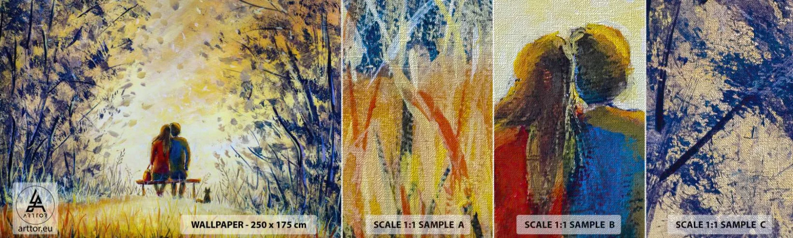 Prøve Fototapet Premium Canvas - Et magisk øjeblik - Et par kærester, Parkere, Natur - 100x30 cm