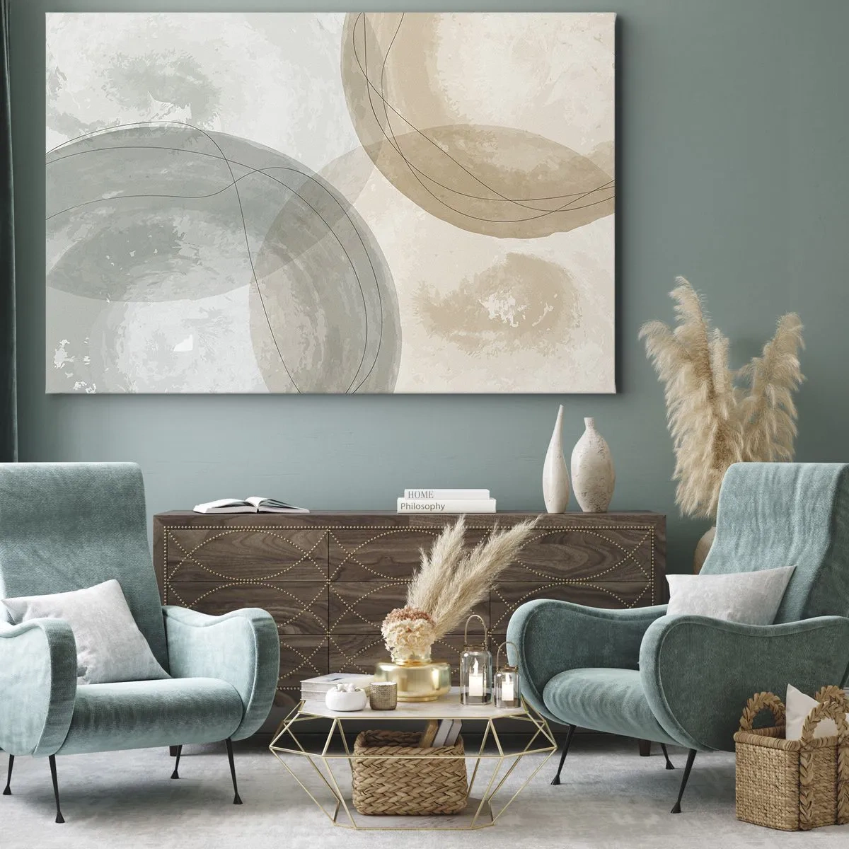 Lærredstryk - Billede på lærred - Abstrakt komposition i pastelfarver med linjer - 70x50cm - Gennemtrængning af verdener - Moderne vægdekoration til stue og soveværelse ARTTOR