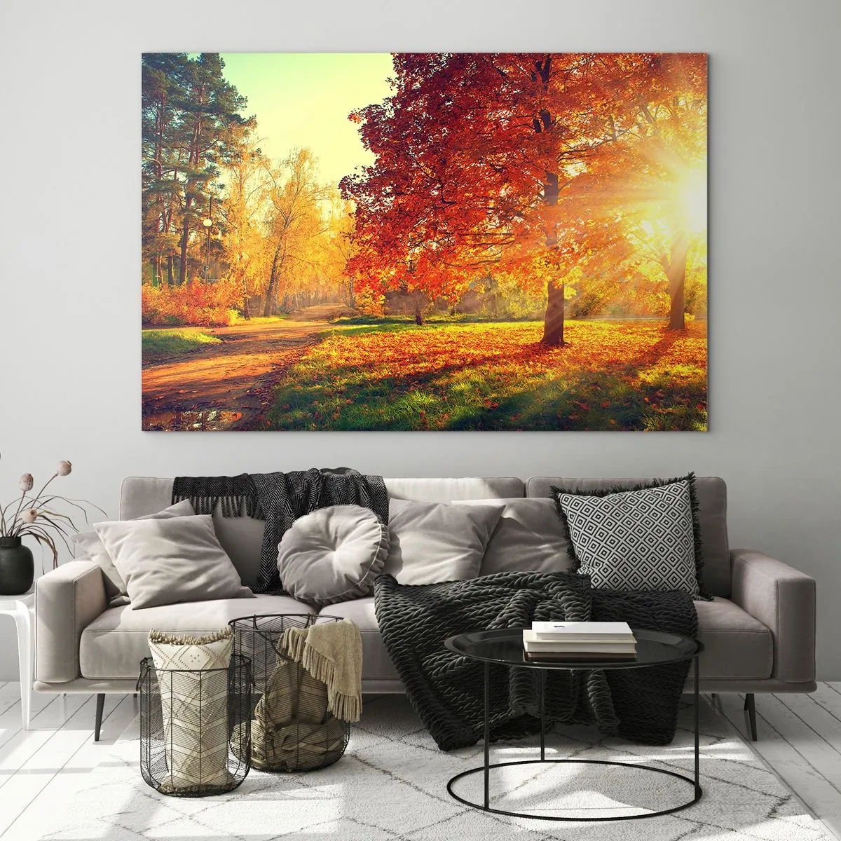 Billede på glas - Efterårsgyde med solstråler - 70x50cm - Rød er smuk - Moderne vægdekoration til stue og soveværelse ARTTOR