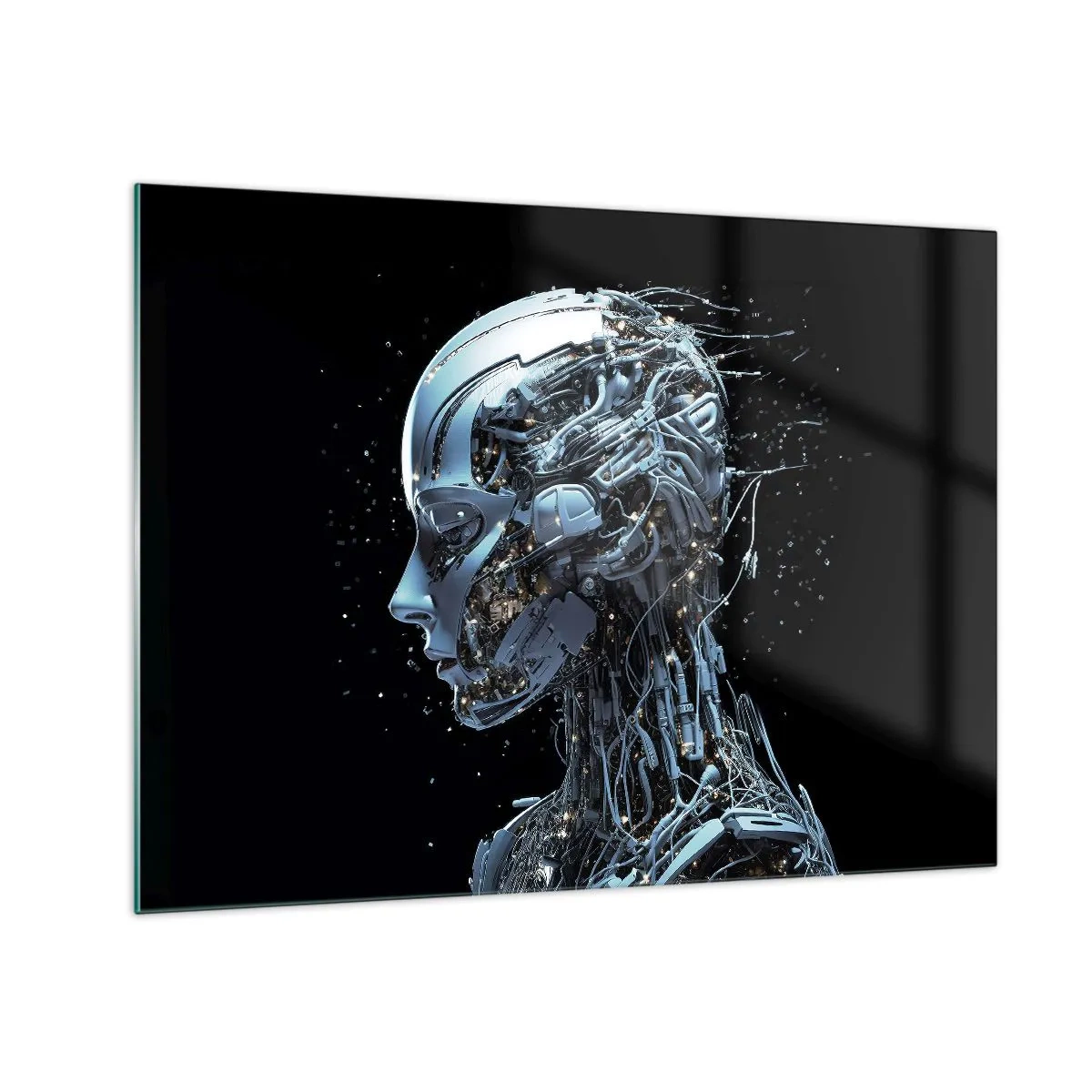 Billede på glas - Profil af en kvindelig robot med ledninger og mekanismer - 70x50cm - Teknologi er en kvinde - Moderne vægdekoration til stue og soveværelse ARTTOR
