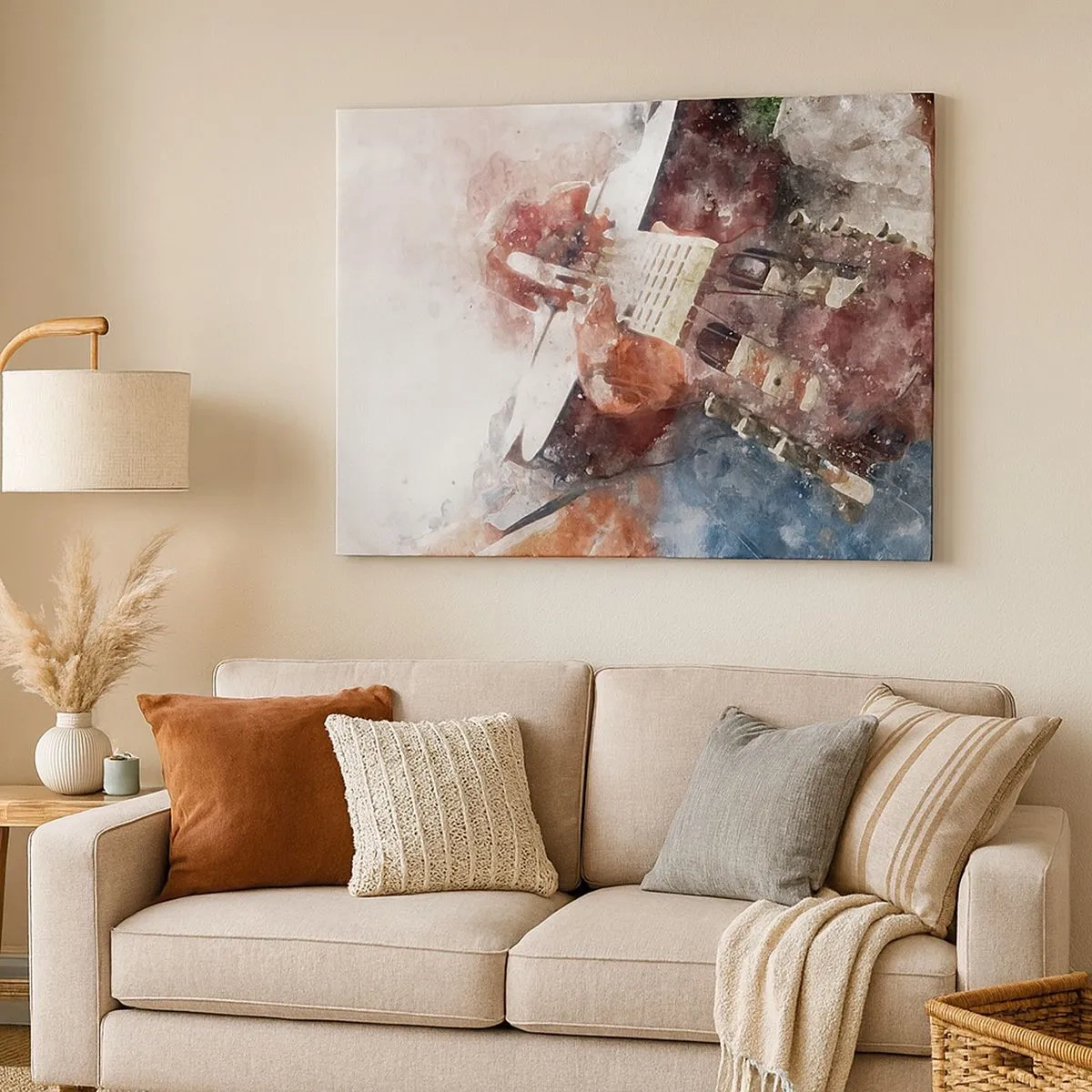 Lærredstryk - Billede på lærred - En kunstnerisk version af en guitar i akvarelstil - 70x50cm - Og hvad synes du? - Moderne vægdekoration til stue og soveværelse ARTTOR