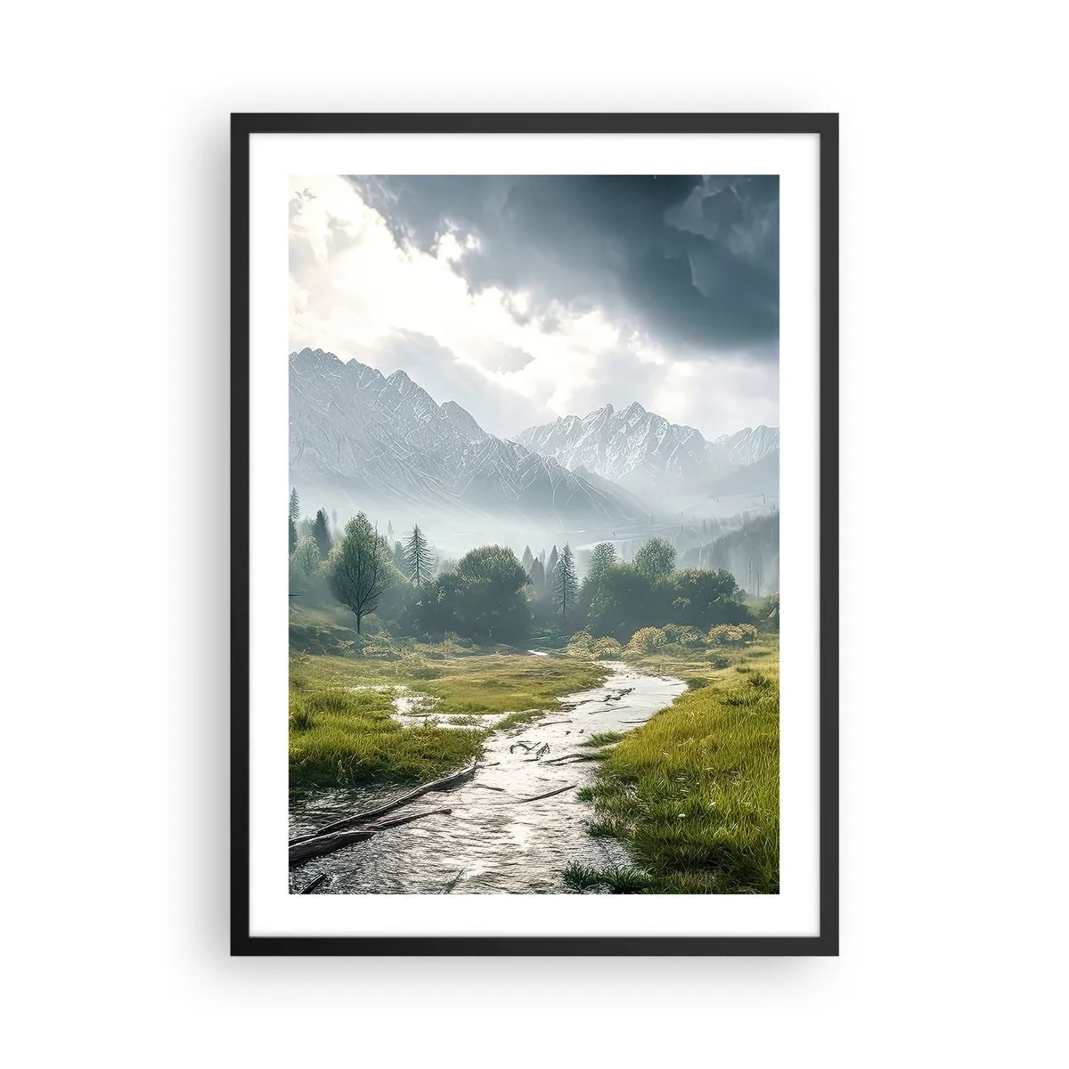 Plakat i sort ramme - En bjergdal med en flod og majestætiske bjerge i baggrunden - 50x70cm - Der og tilbage - Moderne vægdekoration til stue og soveværelse ARTTOR