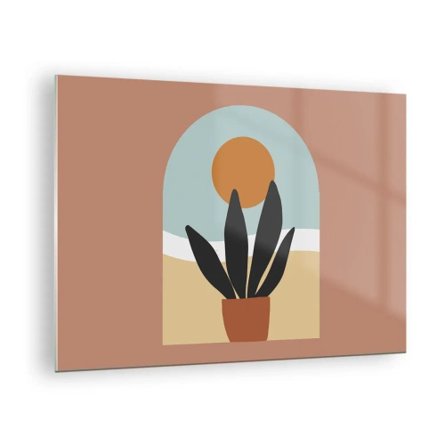 Billede på glas - En abstrakt scene med en potteplante og solen i baggrunden, i pastelfarver. - 70x50cm - Små glæder - Moderne vægdekoration til stue og soveværelse ARTTOR