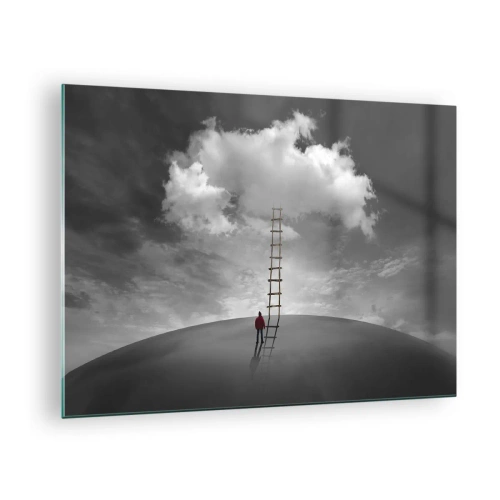 Billede på glas - En person kigger på en stige, der fører op til en sky. - 70x50cm - Alt er muligt - Moderne vægdekoration til stue og soveværelse ARTTOR