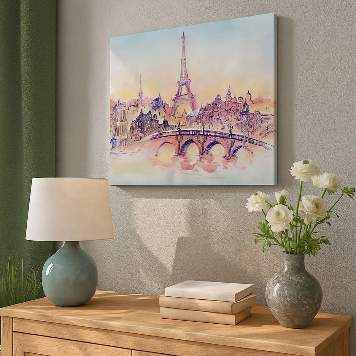 Lærredstryk - Billede på lærred - Akvarelpanorama af Paris med Eiffeltårnet ved solnedgang - 70x50cm - Den eneste by af sin art i verden - Moderne vægdekoration til stue og soveværelse ARTTOR