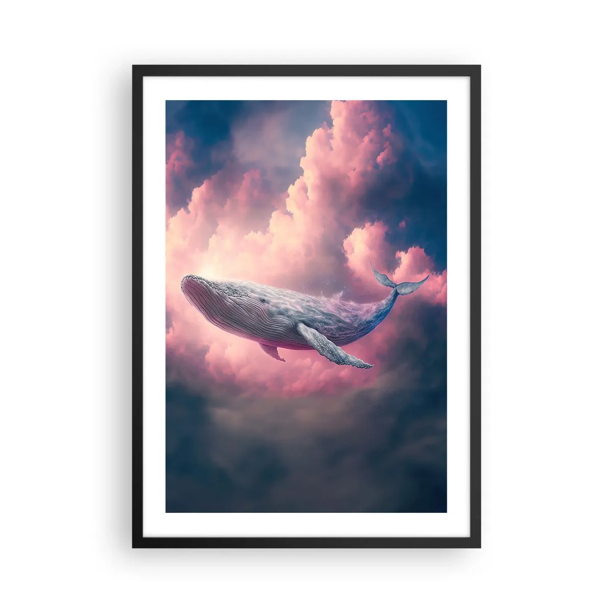 Plakat i sort ramme - En hval flyver blandt lyserøde skyer ved solnedgang. - 50x70cm - Tør dine øjne - Moderne vægdekoration til stue og soveværelse ARTTOR