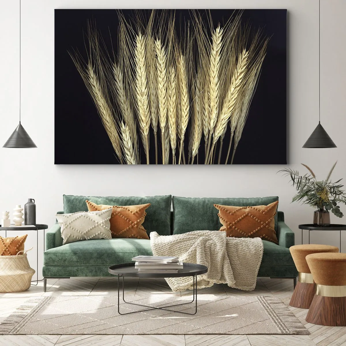 Lærredstryk - Billede på lærred - Hvedeaks på sort baggrund i rustik stil - 70x50cm - Rustik magi - Moderne vægdekoration til stue og soveværelse ARTTOR