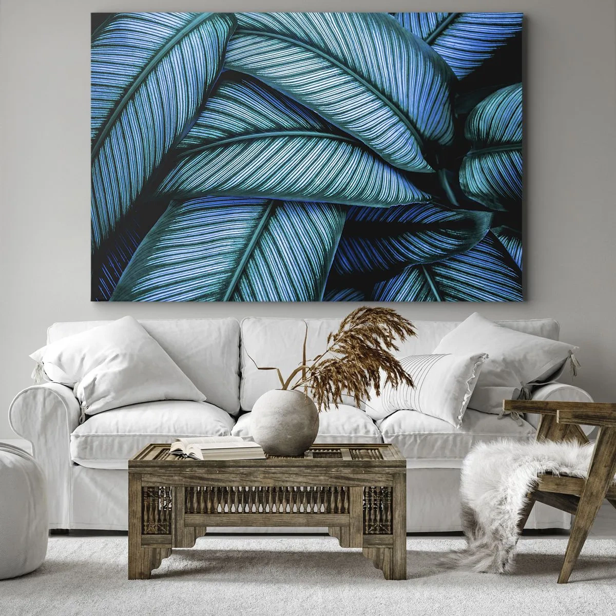 Lærredstryk - Billede på lærred - Et nærbillede af turkise blade med levende detaljer. - 70x50cm - Livslinjer - Moderne vægdekoration til stue og soveværelse ARTTOR