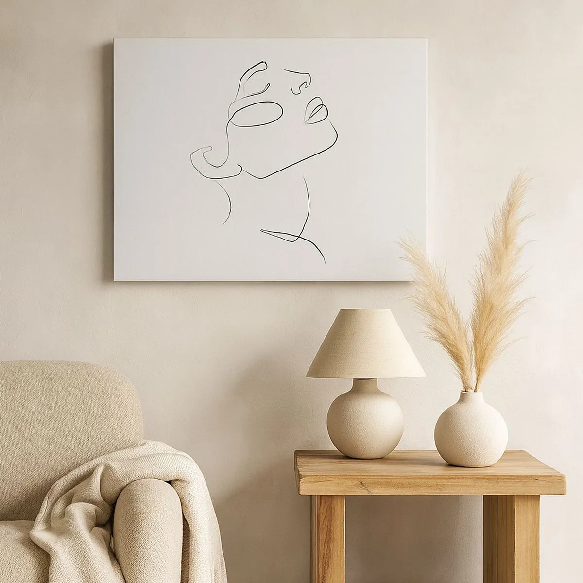 Lærredstryk - Billede på lærred - En minimalistisk skitse af en kvindes ansigt i profil. - 70x50cm - En drømmes slyngninger - Moderne vægdekoration til stue og soveværelse ARTTOR