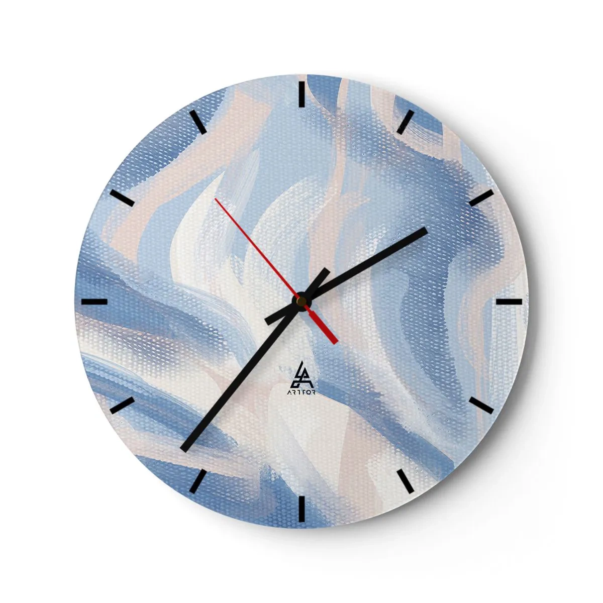 Vægur, Uret - Maleriske blå bølger og pastelfarvede striber på en tekstureret baggrund - 30x30cm - Blå krusninger - Moderne vægdekoration til stue, køkken og soveværelse ARTTOR