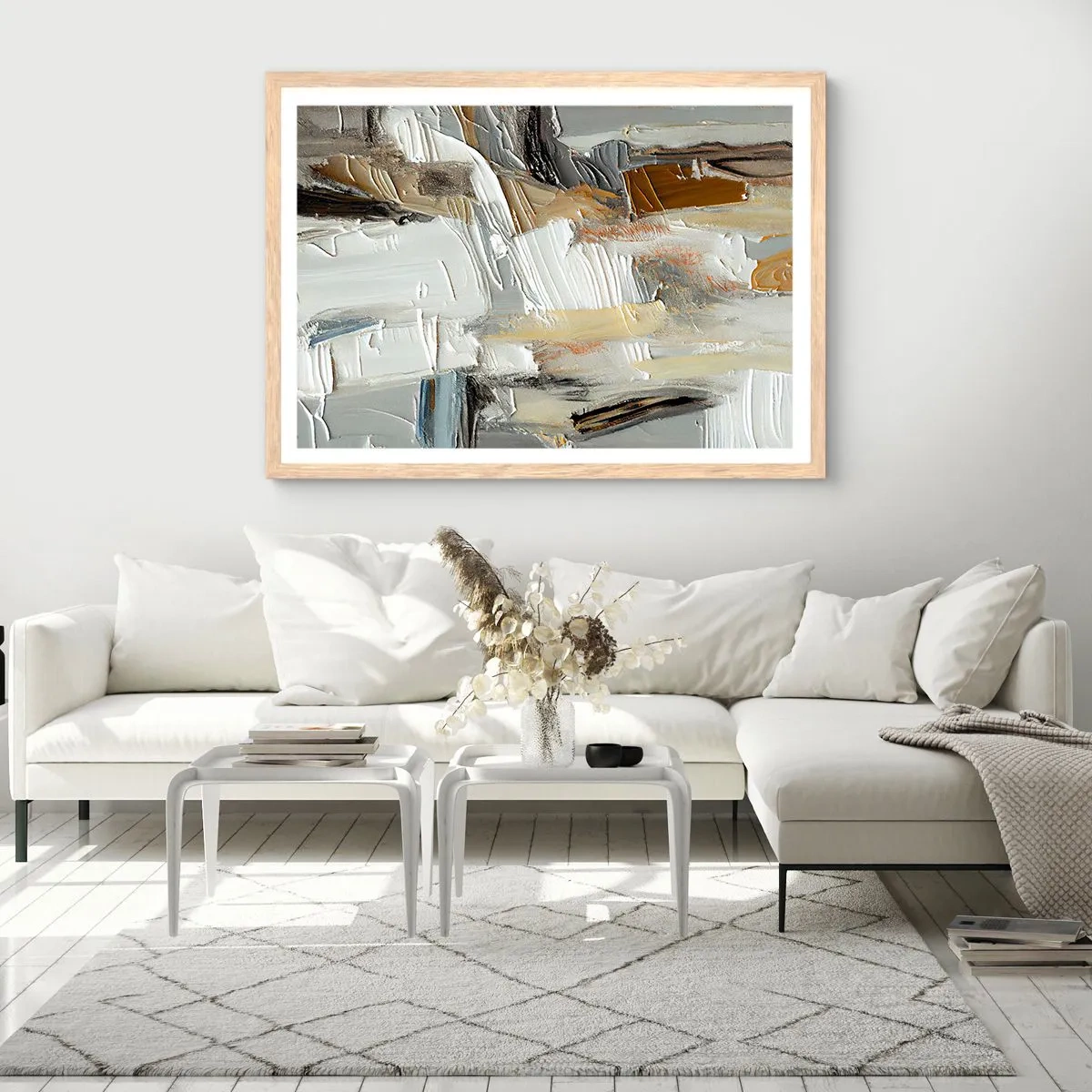 Plakat i ramme af lyst egetræ - Farverige lagdelinger - 100x70 cm