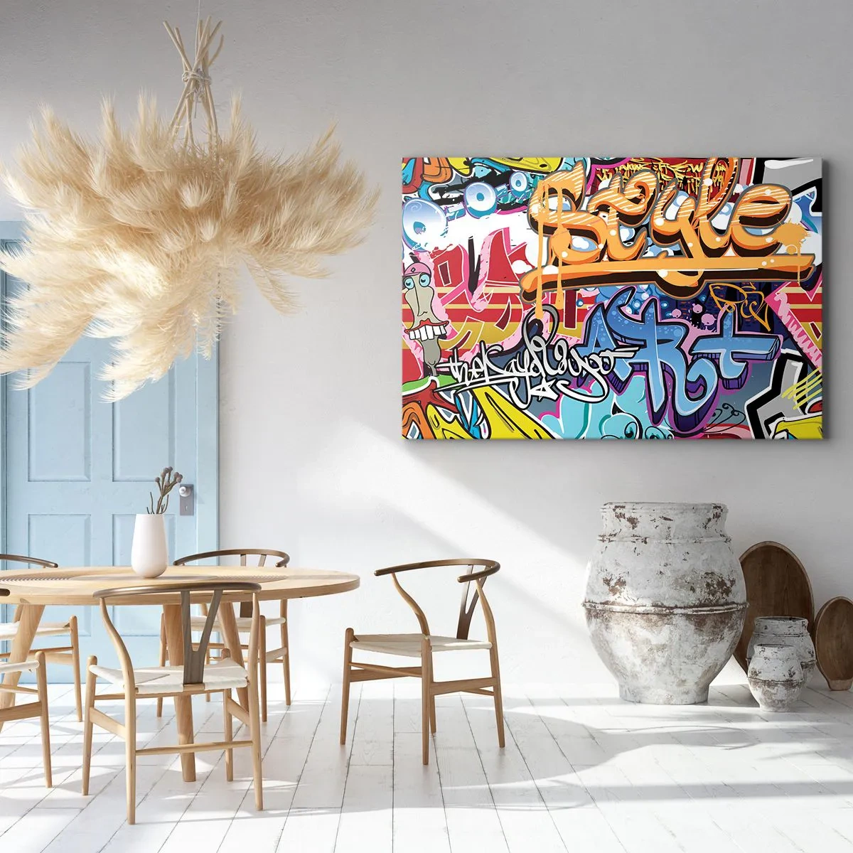 Lærredstryk - Billede på lærred - Farverig graffiti med dynamiske inskriptioner og illustrationer - 70x50cm - Vægmalerier, vægmalerier, vægmalerier.... - Moderne vægdekoration til stue og soveværelse ARTTOR