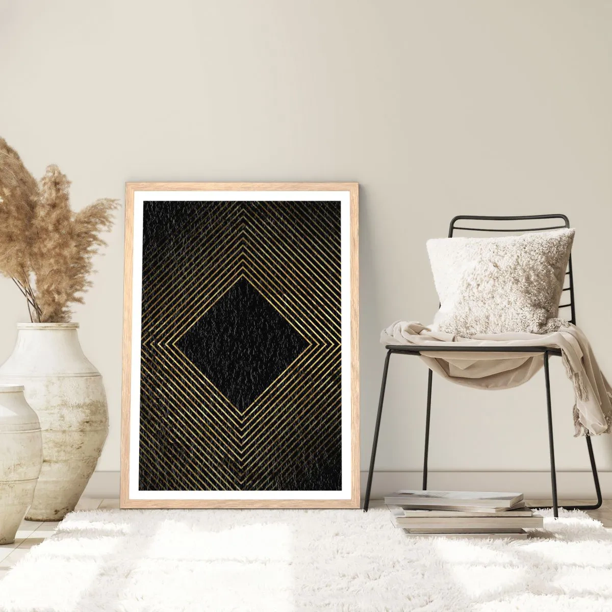 Plakat i ramme af lyst egetræ - Geometri i glamour-stil - 30x40 cm
