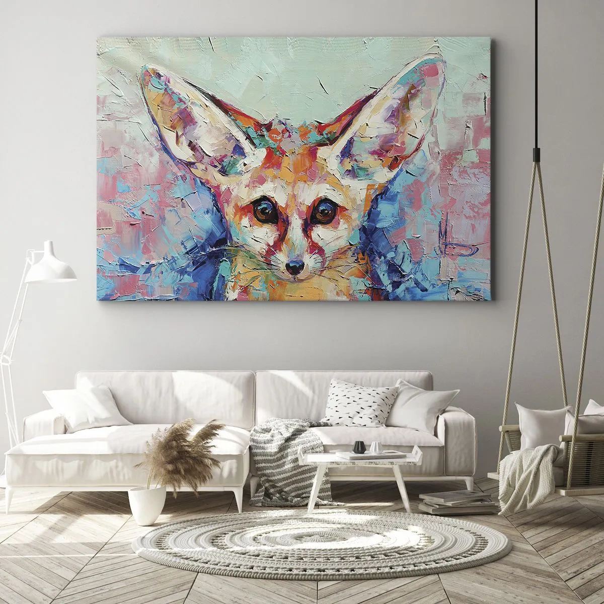 Lærredstryk - Billede på lærred - Et farverigt portræt af en fennec-ræv i ekspressiv maleristil. - 70x50cm - Er du klar til mig? - Moderne vægdekoration til stue og soveværelse ARTTOR