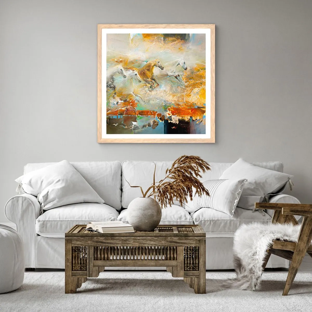 Plakat i ramme af lyst egetræ - Galopperer gennem lyset - 40x40 cm