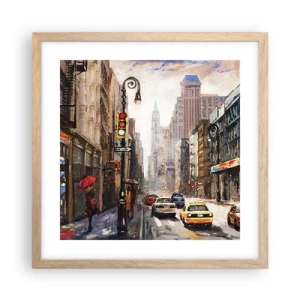 Plakat i ramme af lyst egetræ - New York - også farverig i regnvejr - 40x40 cm