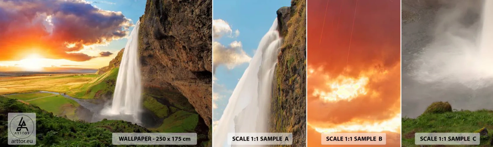 Fototapet Prøve Standard Eco - Den islandske sommers fylde - Landskab, Vandfald, Island - 100x30 cm