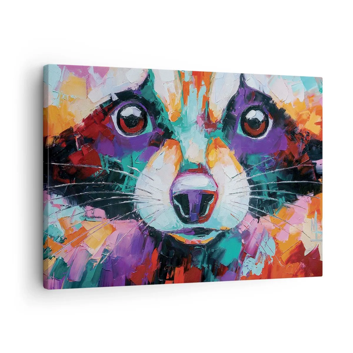 Lærredstryk - Billede på lærred - Et farverigt portræt af en vaskebjørn i stil med ekspressiv maleri. - 70x50cm - Kun gode følelser - Moderne vægdekoration til stue og soveværelse ARTTOR
