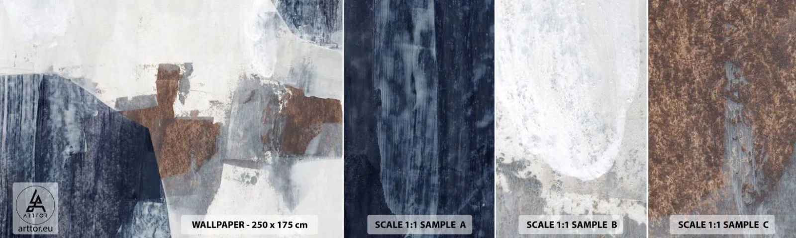 Prøve Fototapet Selvklæbende Deluxe Sticker - Blåbrune former - Stykke, Abstraktion, Minimalisme - 100x30 cm