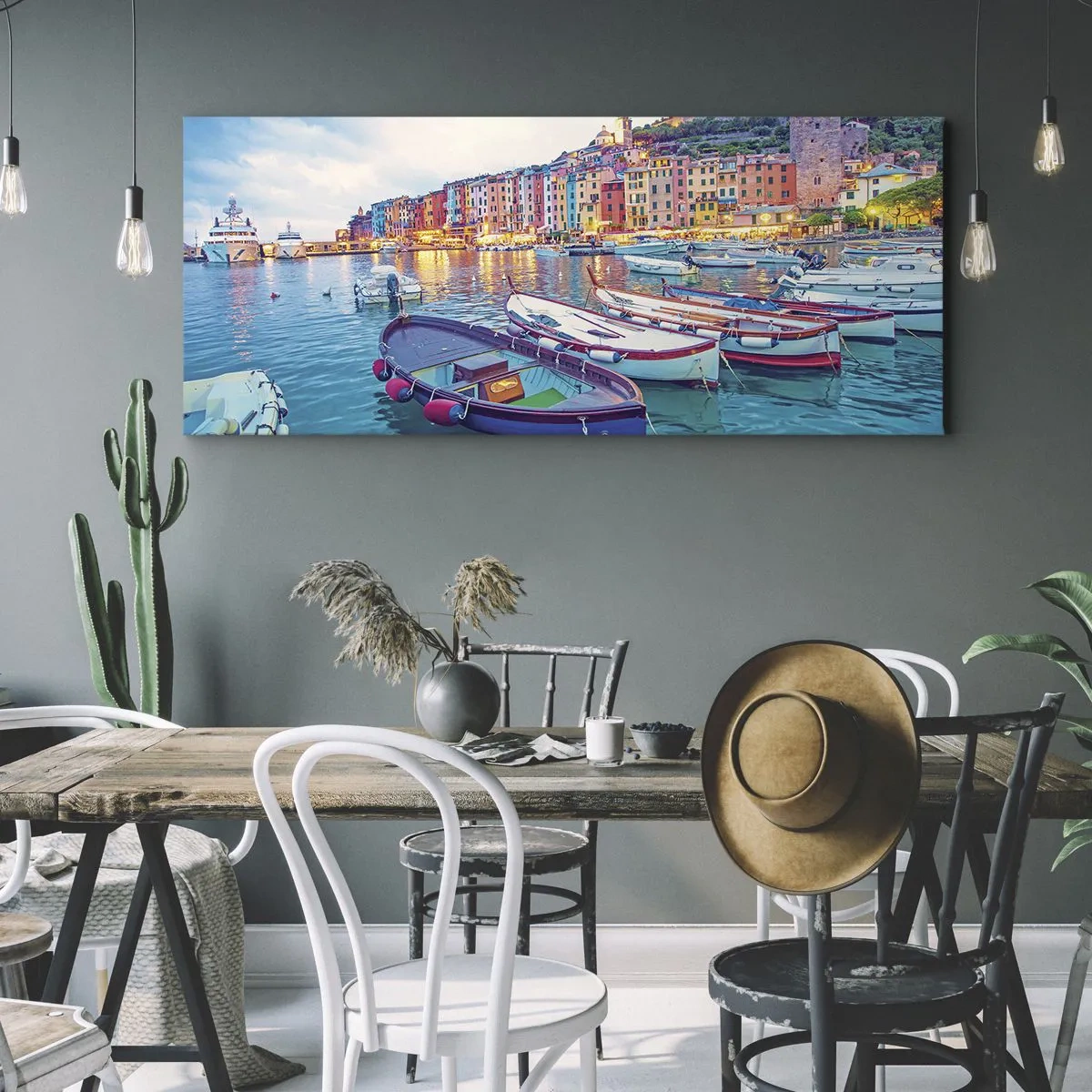 Lærredstryk - Billede på lærred - En farverig aften i havnen - 160x50 cm