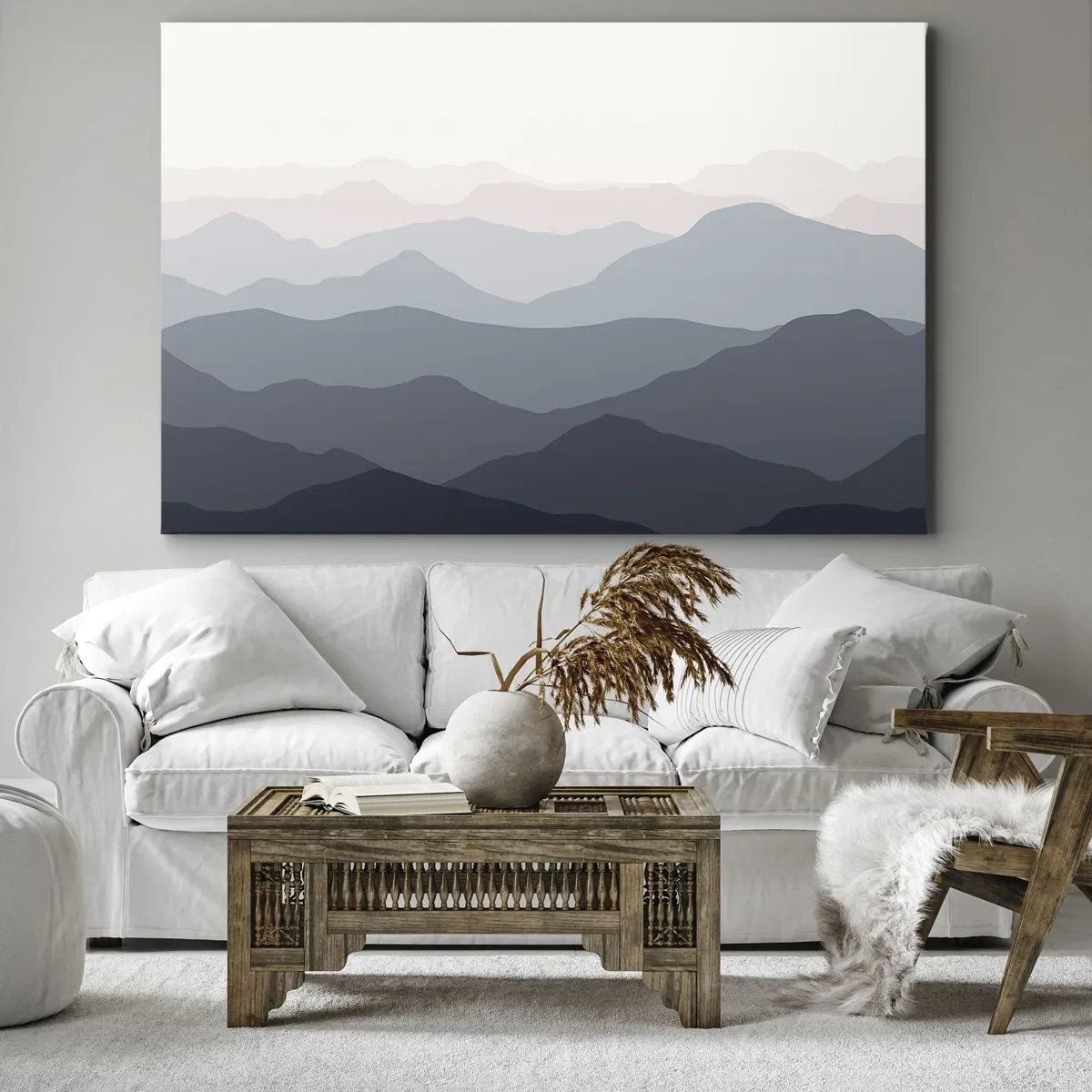Lærredstryk - Billede på lærred - Diskrete bjerglag i nuancer af grå og blå - 70x50cm - Bølger af bjerge - Moderne vægdekoration til stue og soveværelse ARTTOR