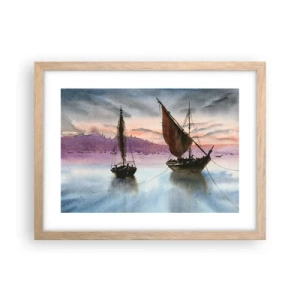 Plakat i ramme af lyst egetræ - Aften i havnen - 40x30 cm