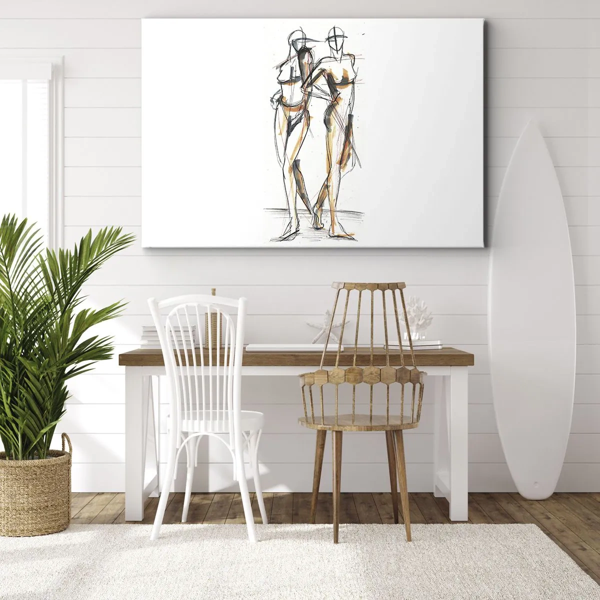 Lærredstryk - Billede på lærred - Kunstnerisk skitse af to silhuetter på en hvid baggrund - 70x50cm - En undersøgelse af charme - Moderne vægdekoration til stue og soveværelse ARTTOR