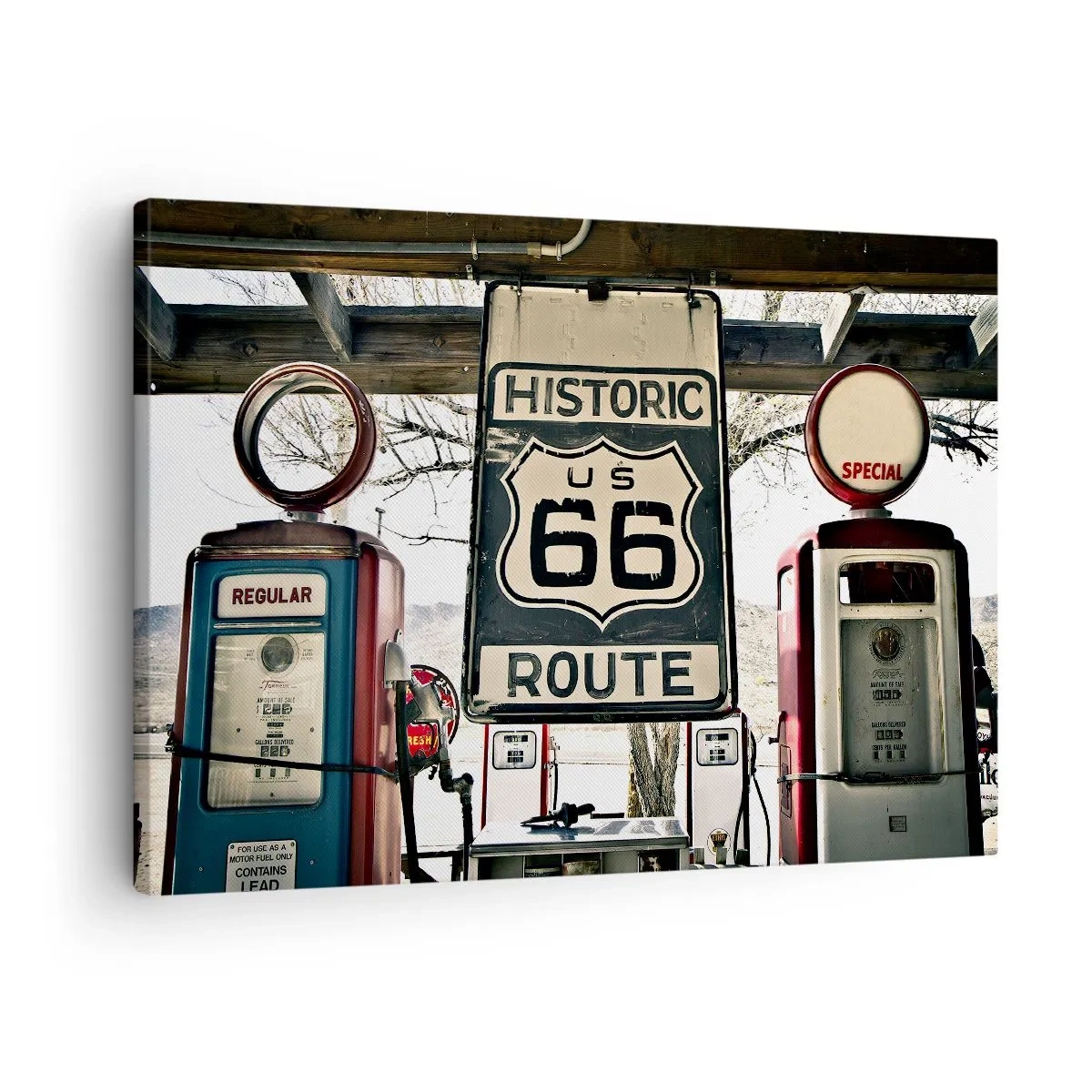 Lærredstryk - Billede på lærred - Historisk Route 66 tankstation - 70x50cm - En retro-amerikansk rejse - Moderne vægdekoration til stue og soveværelse ARTTOR