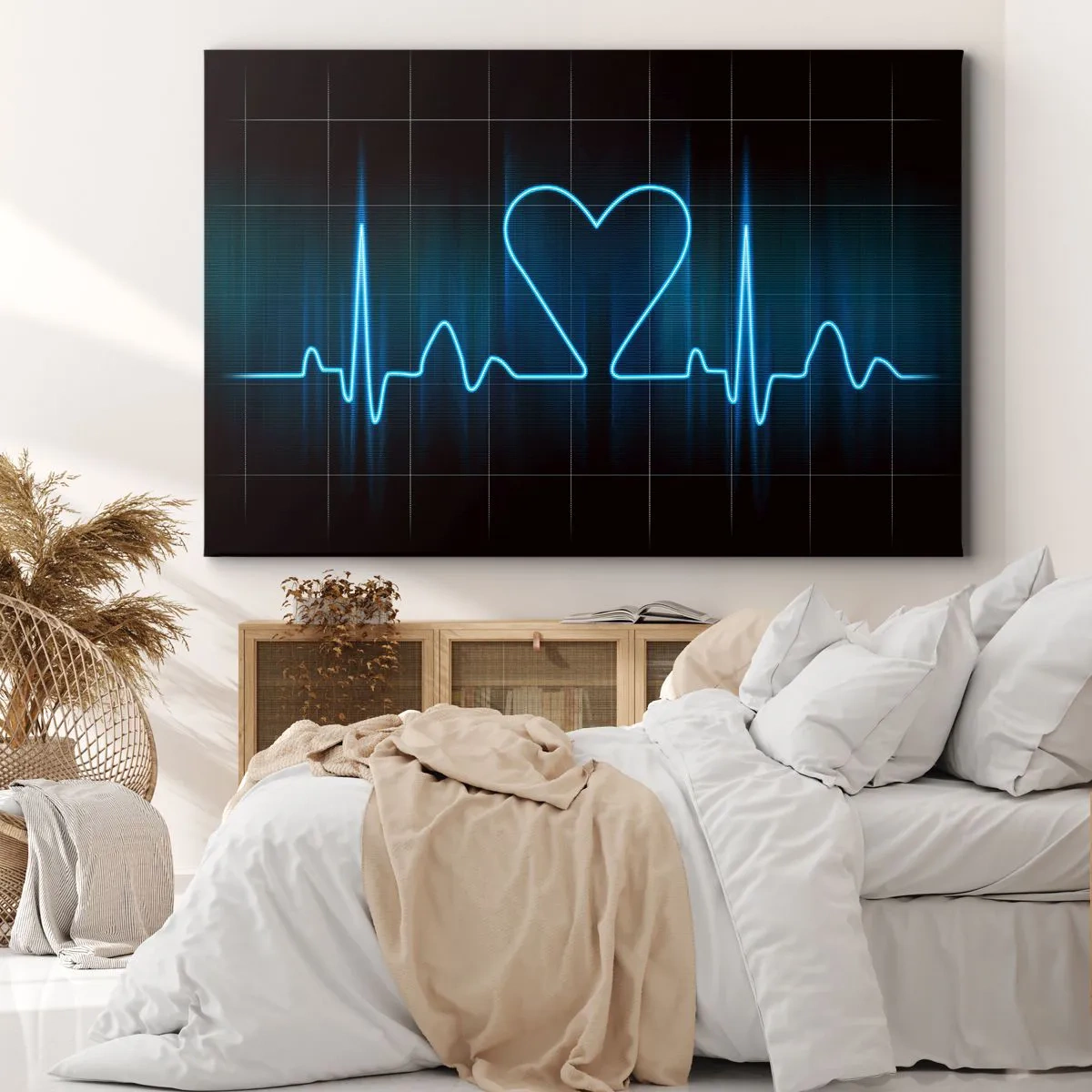 Lærredstryk - Billede på lærred - En livline med et hjerte på en baggrund af medicinsk overvågning i blå nuancer. - 70x50cm - I hjertets rytme - Moderne vægdekoration til stue og soveværelse ARTTOR