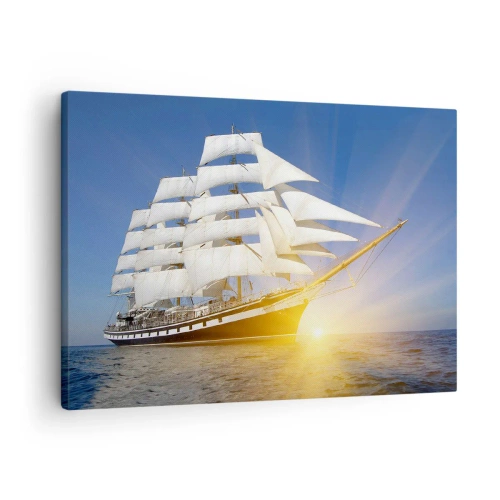 Lærredstryk - Billede på lærred - Et sejlskib til søs i lyset af den nedgående sol - 70x50cm - Deres tid vil aldrig gå forbi - Moderne vægdekoration til stue og soveværelse ARTTOR