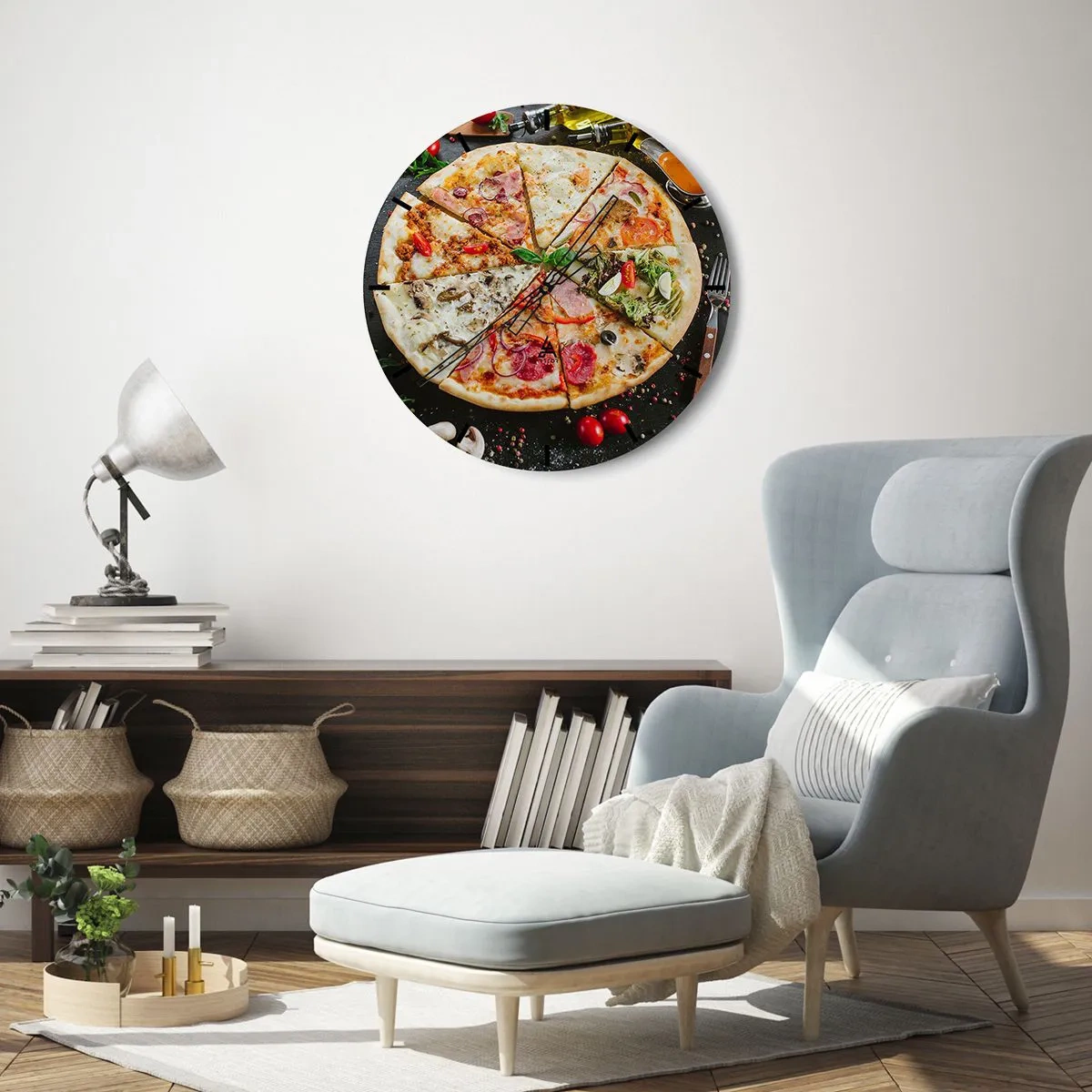 Vægur, Uret - Lækker pizza med forskellige toppings på en sort baggrund - 30x30cm - Et udvalg af smagsvarianter - Moderne vægdekoration til stue, køkken og soveværelse ARTTOR
