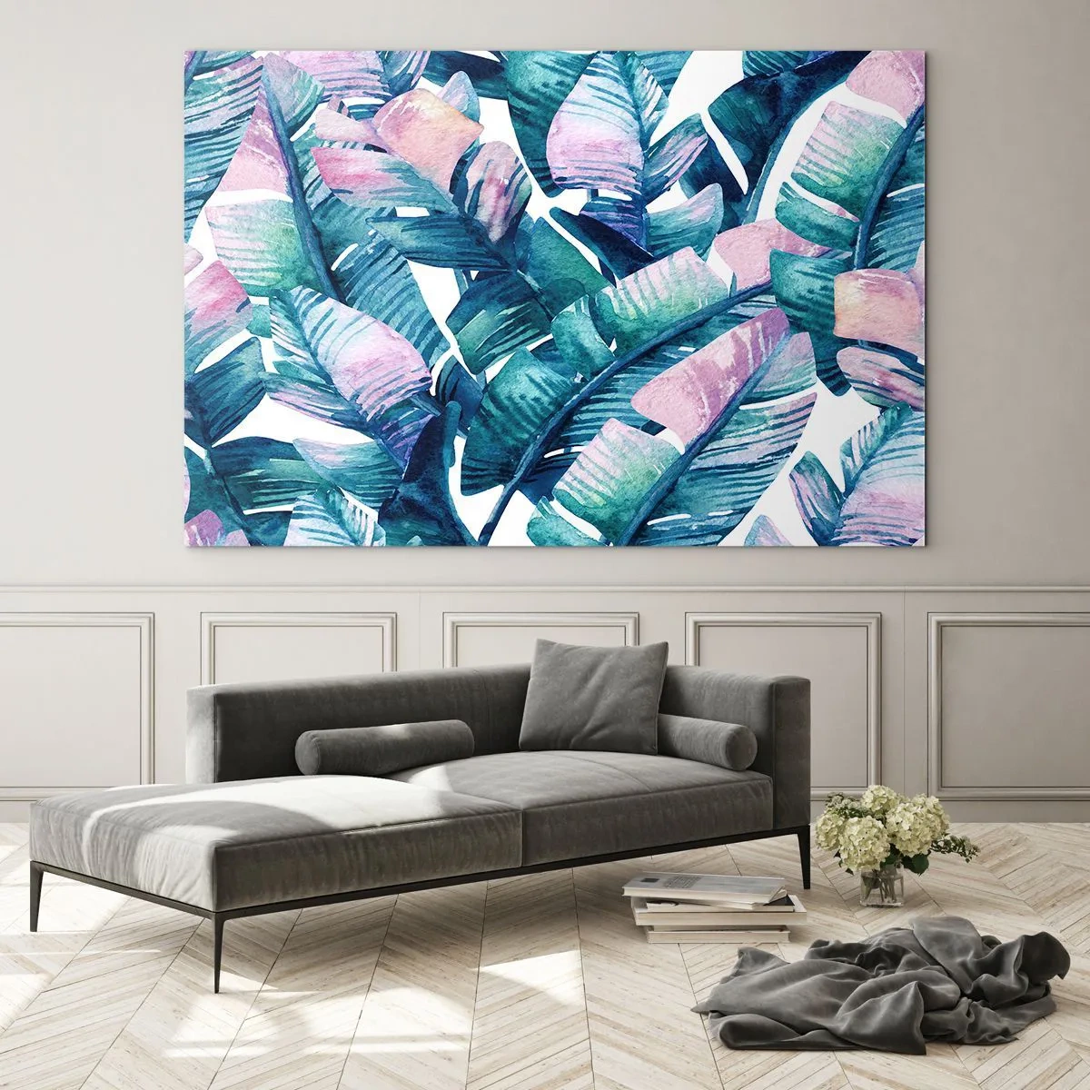 Billede på glas - Bananblade i pastelfarver på en hvid baggrund - 70x50cm - I en bananlund - Moderne vægdekoration til stue og soveværelse ARTTOR