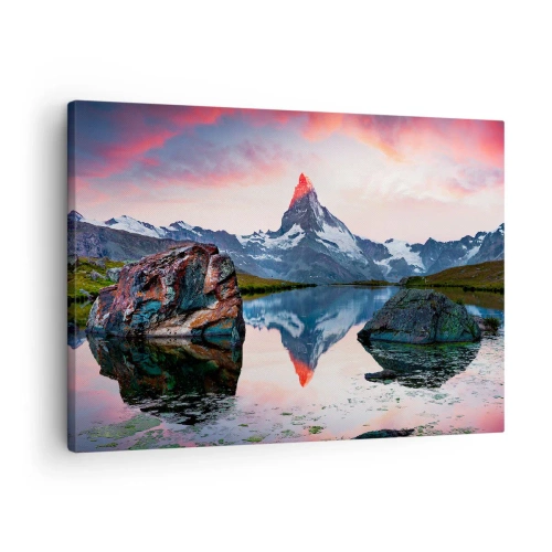 Lærredstryk - Billede på lærred - En bjergtop spejlet i en sø ved solnedgang - 70x50cm - Bjergenes hjerte er varmt - Moderne vægdekoration til stue og soveværelse ARTTOR