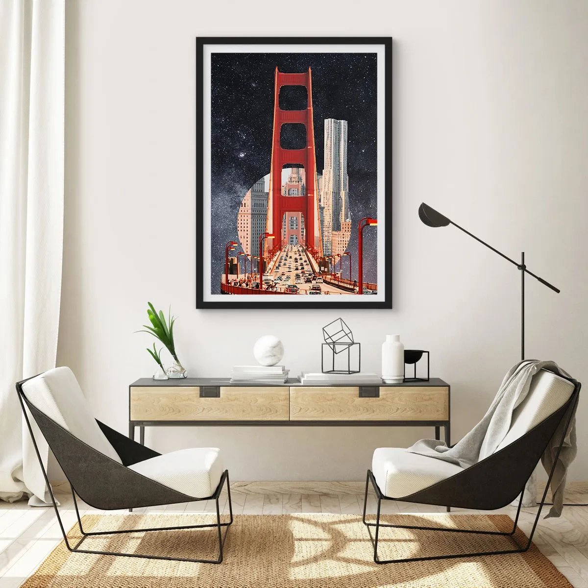 Plakat i sort ramme - En bro og skyskrabere mod stjernehimlen - 50x70cm - Altid i centrum - Moderne vægdekoration til stue og soveværelse ARTTOR