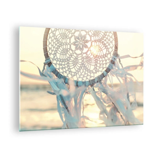 Billede på glas - En blondetotem med fine frynser mod en baggrund af den nedgående sol over havet. - 70x50cm - Totem med blonder - Moderne vægdekoration til stue og soveværelse ARTTOR