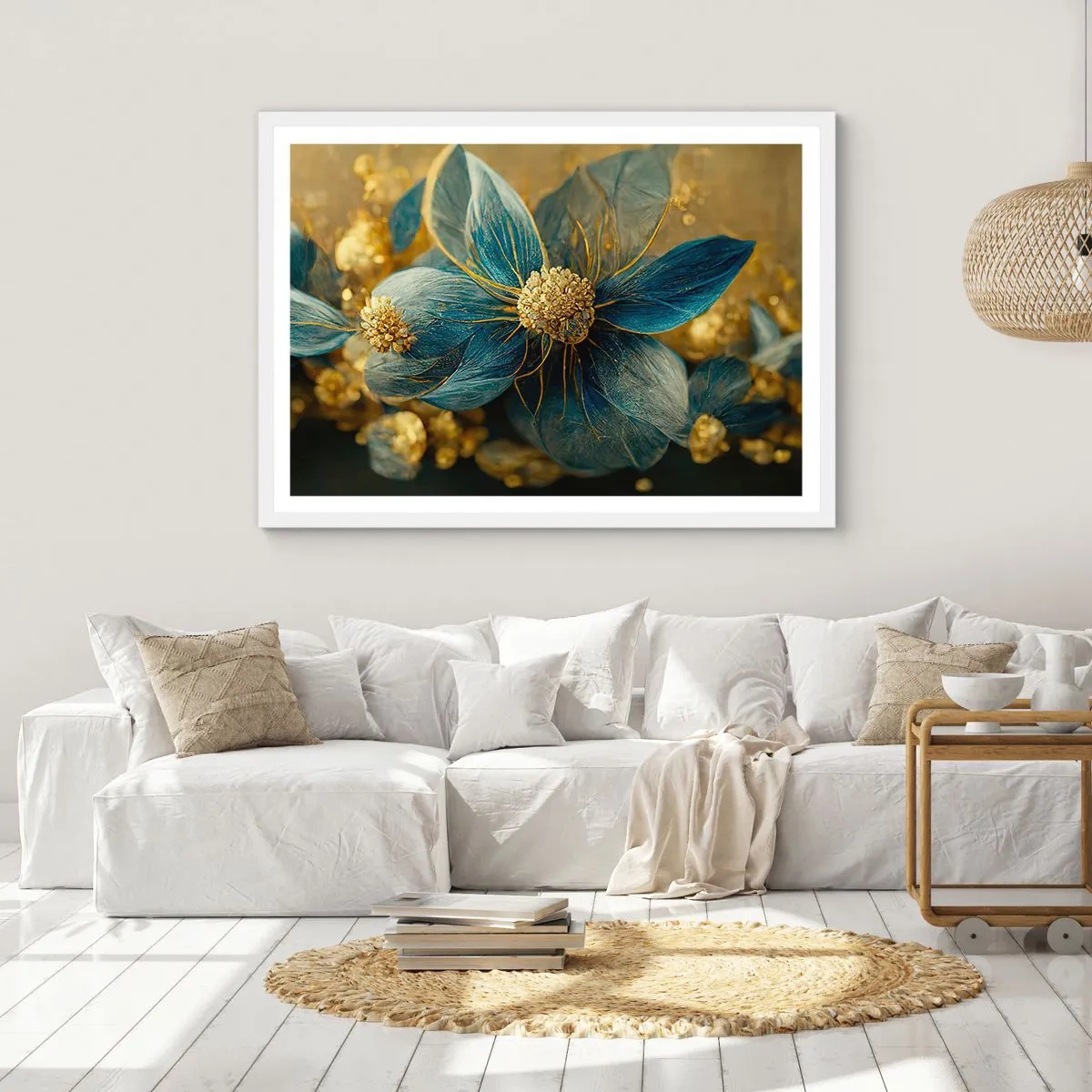 Plakat i hvid ramme - Blomstre med guld - 50x40 cm
