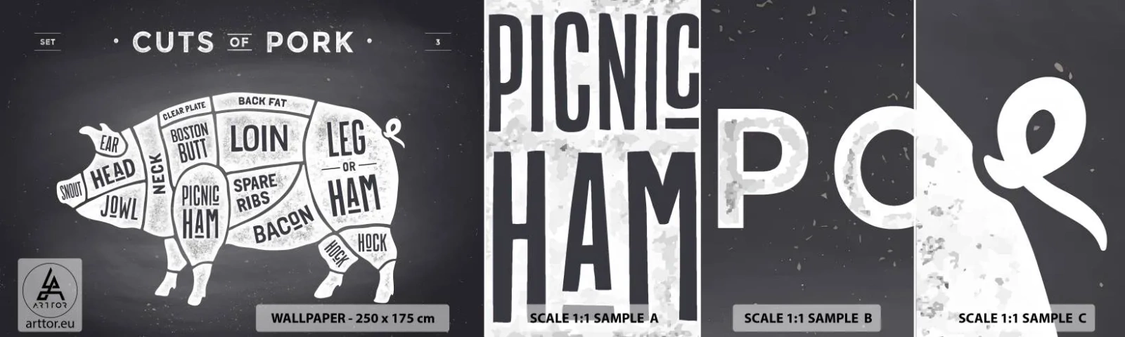 Fototapet Prøve Standard Eco - Slagterens grundbog - Gastronomi, Dyr Gris, Svinekød - 100x30 cm