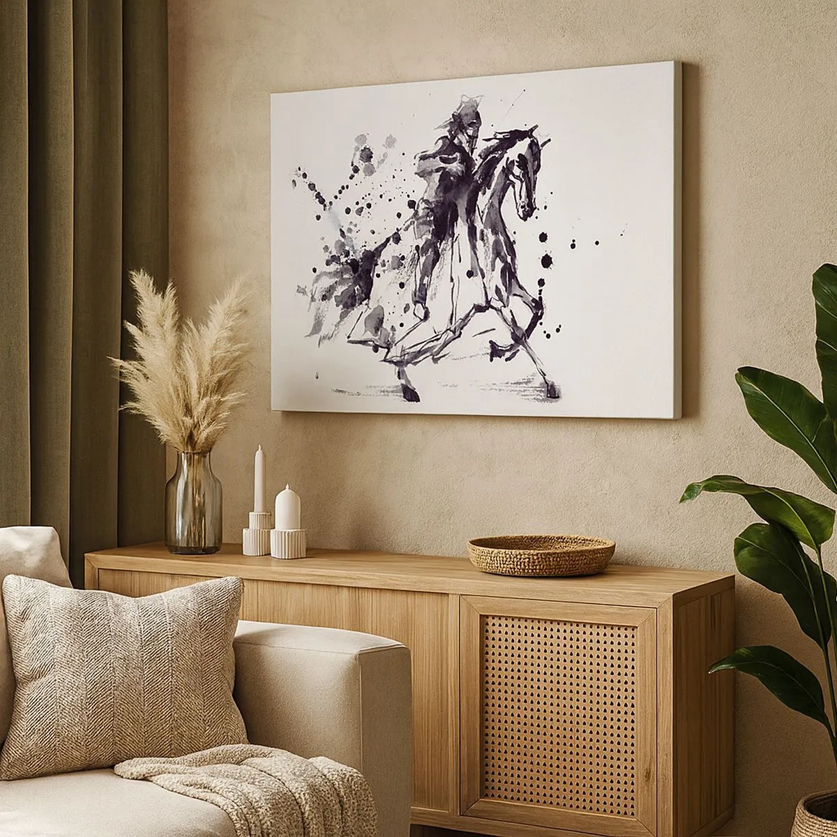 Lærredstryk - Billede på lærred - Sort-hvid akvarel af en rytter på en galoperende hest - 70x50cm - Sort ridder - Moderne vægdekoration til stue og soveværelse ARTTOR