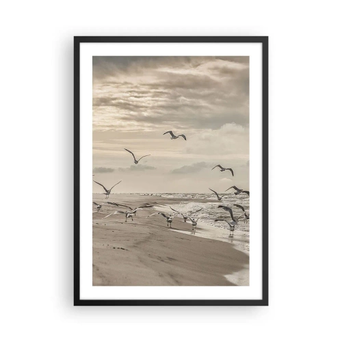 Plakat i sort ramme - Måger svæver over kysten under en overskyet himmel - 50x70cm - Havet brummer, fuglene synger - Moderne vægdekoration til stue og soveværelse ARTTOR