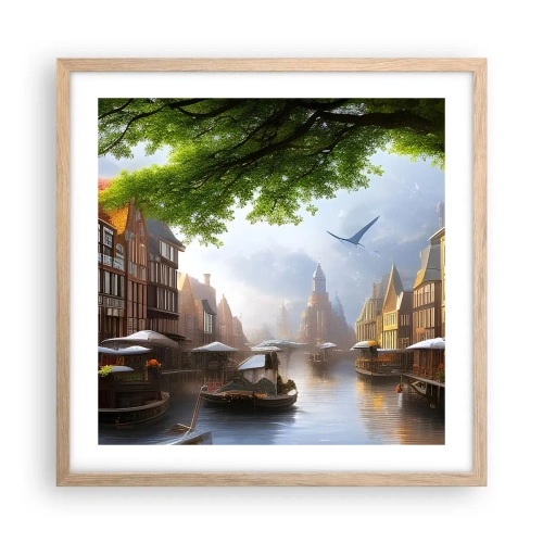 Plakat i ramme af lyst egetræ - Hollandsk bybillede - 50x50 cm