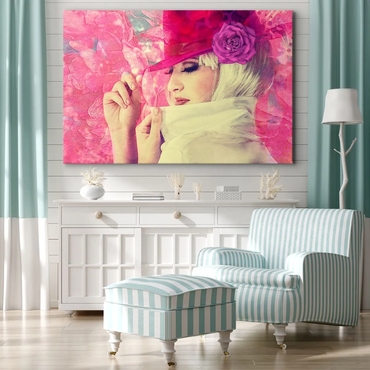 Lærredstryk - Billede på lærred - Stilfuld kvinde i en lyserød hat med en blomst - 70x50cm - Retro portræt i lyserødt - Moderne vægdekoration til stue og soveværelse ARTTOR