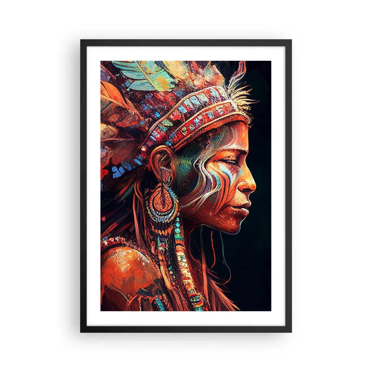 Plakat i sort ramme - Portræt af en kvinde i traditionel fjerhovedbeklædning - 50x70cm - Et magisk ritual - Moderne vægdekoration til stue og soveværelse ARTTOR